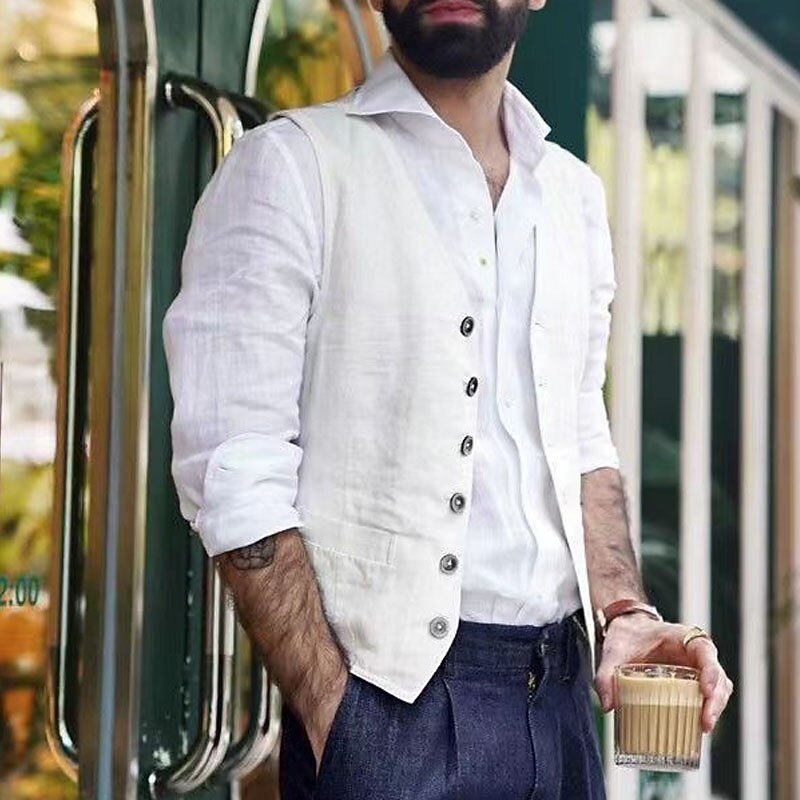 Men's Vest Waistcoat Daily Wear Vacation Going out Fashion Basic Spring &  Fall Button Cotton Polyester Comfortable Plain Single Breasted V Neck Regular Fit White Black Dark Blue Vest3