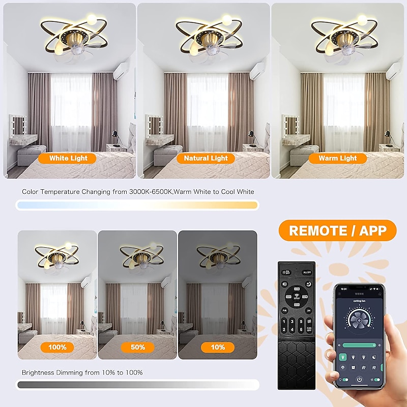 Ceiling Fan with Light Dimmable Circle Design Crystal 57cm 6 Wind Speeds Modern Ceiling Fan for Bedroom, Living Room App & Remote Control 110-240V4