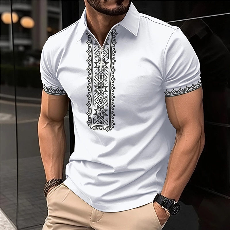 Men's Tribal Zip Polo Shirts Golf Shirt Short Sleeve Polo Shirts Collared Shirts Vintage Casual Vacation Wear Party Outfits 3D Print Quarter Zip Polo White Pink Blue