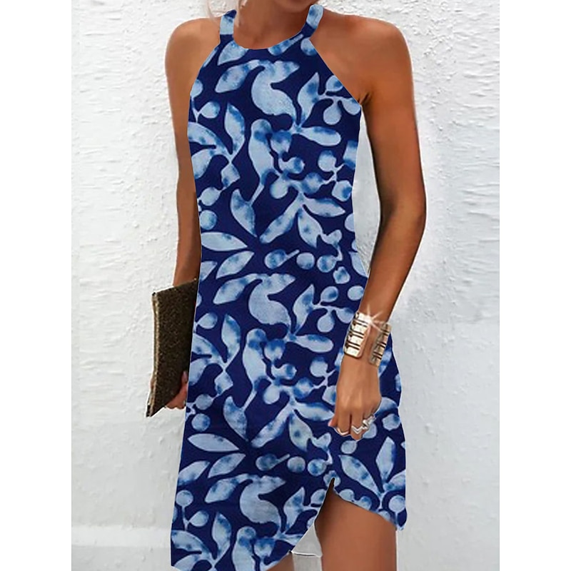 Women's Mini Dress Petite Dress Sundress Summer Dress Slip Dress Active Fashion Streetwear Outdoor Vacation Daily Regular Fit Ombre Floral Marble Sleeveless Halter Neck Navy Blue Blue3