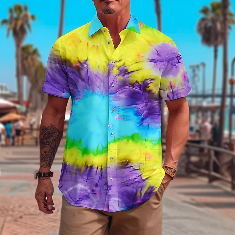 Men's Tie Dye Shirt Button Up Shirt Short Sleeve Fashion Designer Casual Outdoor Casual Holiday Summer Spring Turndown Print Button-Down Yellow Blue Green Rainbow3