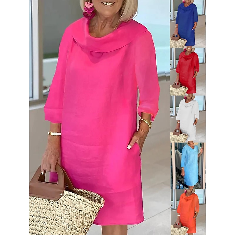 Women's Light Blue White Wine Summer Spring Fall Midi Dress Cotton Linen Dresses Casual Dress Cotton Summer Dress Basic Classic Casual Outdoor Vacation Daily Loose Fit Plain Cowl Neck