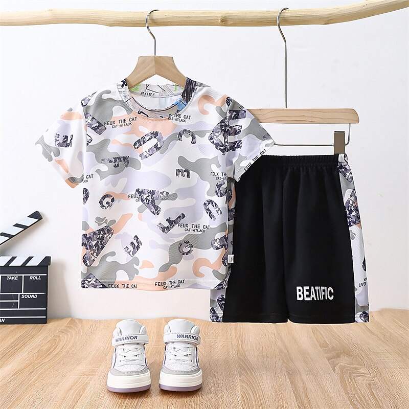2 Pieces Kids Boys T-shirt & Shorts Outfit Rabbit Camo Letter Short Sleeve Set Outdoor Vacation Sports Cool Summer Spring 7-13 Years Pink Blue Sky Blue
