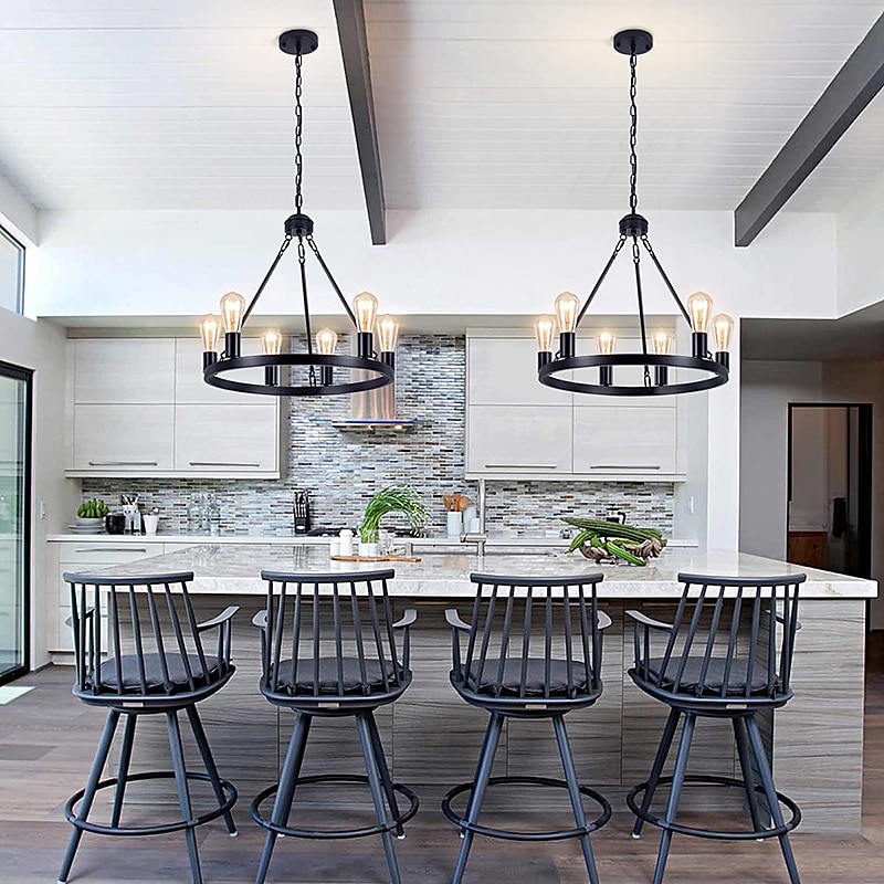 Black Matte Chandelier 6-Light Wagon Wheel Chandelier 21" Farmhouse Pendant Chandeliers Fixture Contemporary Industrial Chandelier for Living Dining Room Kitchen Island Entryway Foyer Bar 110-240V2