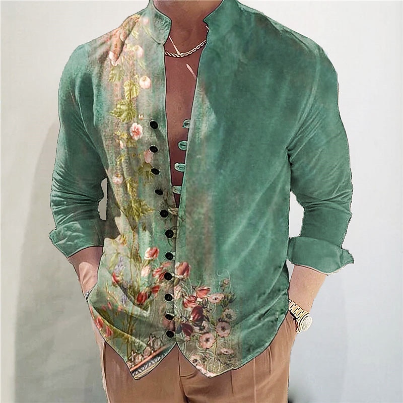 Men's Floral Shirt Button Up Shirt Long Sleeve Fashion Streetwear Designer Outdoor Casual Daily Summer Spring Fall Stand Collar Print Light Green Blue Green Gray