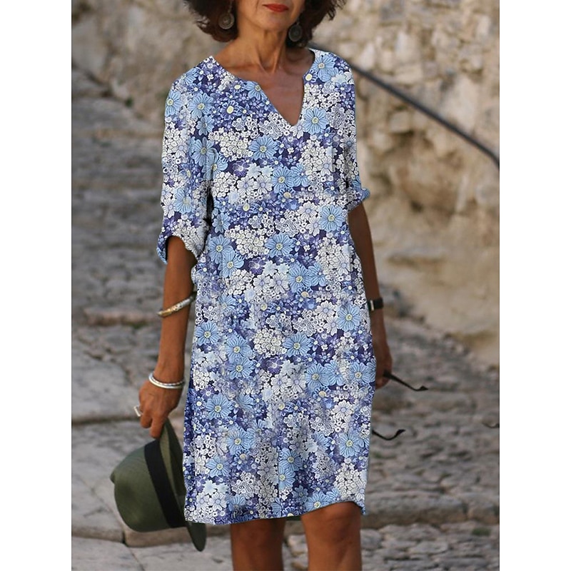Women's Mini Dress Petite Dress T Shirt Dress Tee Dress Shift Dress Summer Dress Active Vintage Fashion Outdoor Vacation Work Regular Fit Floral Half Sleeve V Neck Pink Navy Blue Blue Gray2