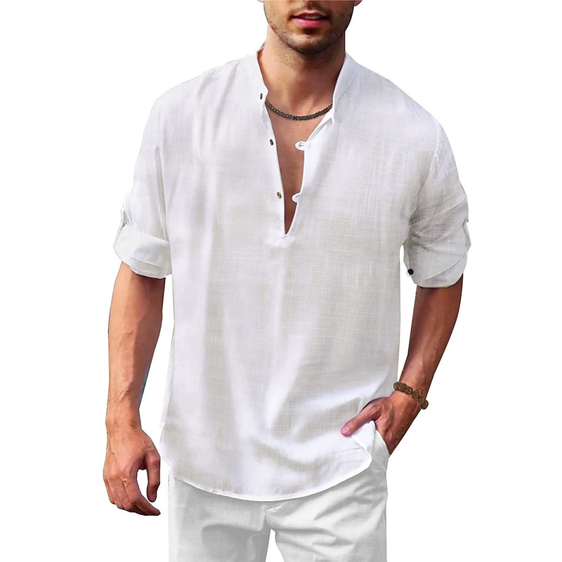 Men's Shirt Cotton Linen Shirt Chinese Collar Shirt Mandarin Collar Shirt Popover Shirt Summer Shirt Plain Vacation Casual Black White Blue Brown Long Sleeve Henley Spring & Summer Clothing Apparel3