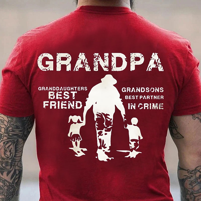 Men's Grandpa T-Shirt - Granddaughters Best Friend & Grandsons Best Partner in Crime Graphic Tee, Grandfather Gift