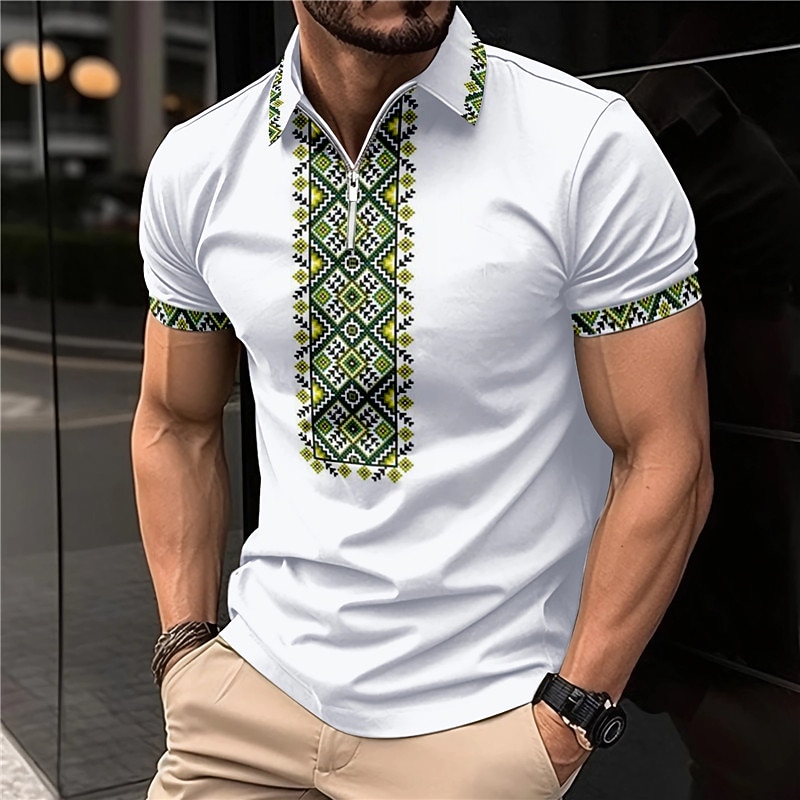 Men's Tribal Zip Polo Shirts Golf Shirt Short Sleeve Polo Shirts Collared Shirts Vintage Casual Vacation Wear Party Outfits 3D Print Quarter Zip Polo Yellow Light Green Blue
