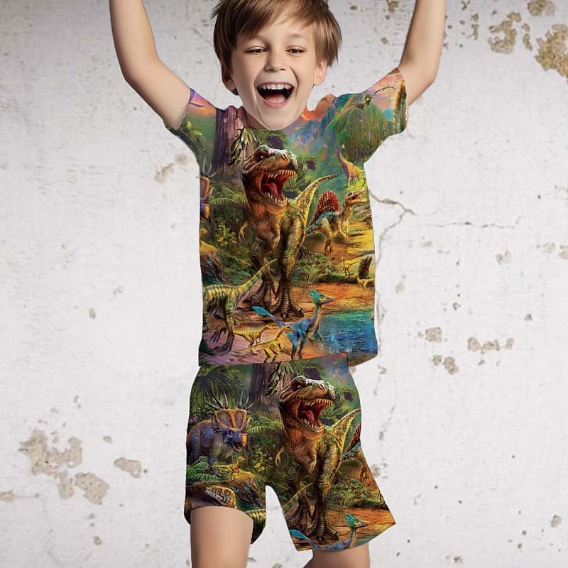 2 Pieces Kids Boys T-shirt & Shorts Clothing Set Outfit Graphic Dinosaur Short Sleeve Crewneck Set Outdoor Sports Fashion Cool Spring 7-13 Years Blue Dusty Blue Green2