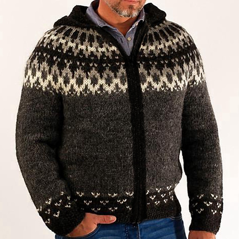 Male Cardigan Sweater Cardigan Sweater Jacket Chunky Knit Regular Fair Isle Jacquard Hooded Daily Wear Clothing Apparel Raglan Sleeves Fall & Winter Coffee M L XL2
