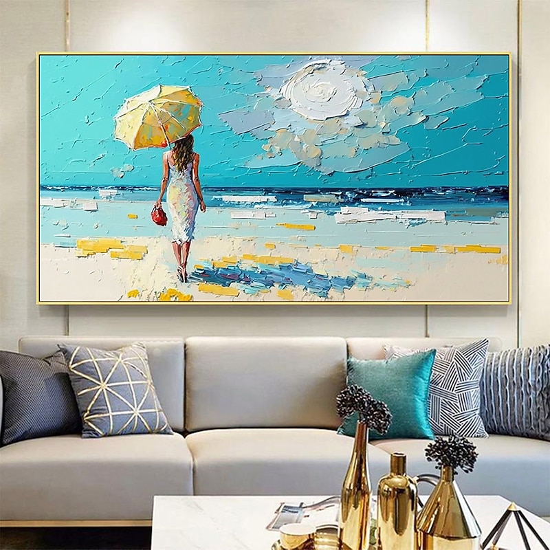 Handmade Hand Painted Oil Painting Wall Art Original Sunshine Ocean Oil Painting On Canvas Extra Large Wall Art Abstract White Waves Painting Boho Wall Decor Decor Rolled Canvas No Frame Unstretched