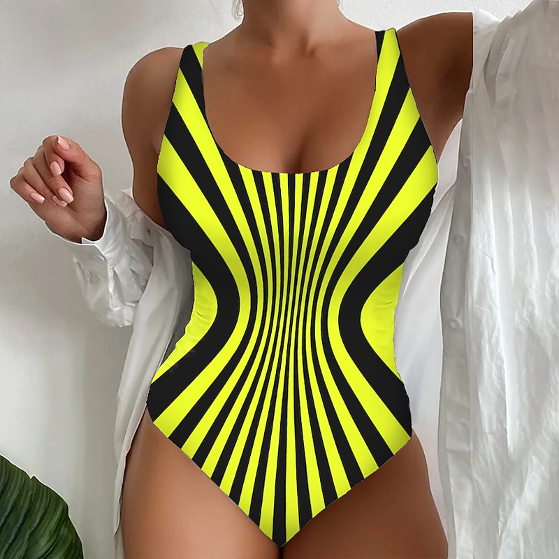 Women's Swimwear One Piece Swimsuit Printing Stylish Striped Sleeveless Bathing Suits4