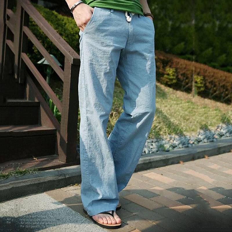 Men's Linen Pants Trousers Summer Pants Pocket Straight Leg Plain Comfort Breathable Casual Daily Holiday Fashion Classic Style Black Blue
