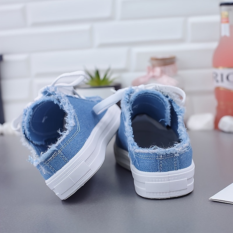 Women's White Backless Canvas Sneakers with Raw Edge Design, Slip-On Lace-Up Mules for Summer Streetwear, School, and Casual Outings 8