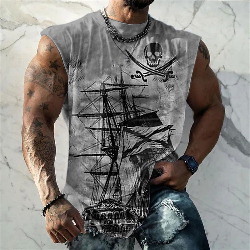 Men's Graphic Ship Nautical Pirate Vest Top Sleeveless T Shirt for Men Sleeveless Cap Sleeve T shirt 3D Print Crew Neck Shirt Fashion Designer Muscle Daily Sports Gym Blue Brown Green Spring & Summer