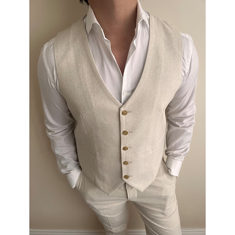 Men's Wedding Linen Suits V Neck Beige Solid Colored Tailored Fit 2 Piece4
