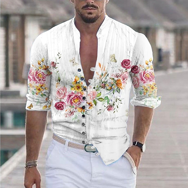 Men's Floral Graphic Prints Shirt Long Sleeve Shirt Stand Collar Outdoor Street Black White Yellow Light Green Pink Print Clothing Apparel Fashion Streetwear Designer Casual2