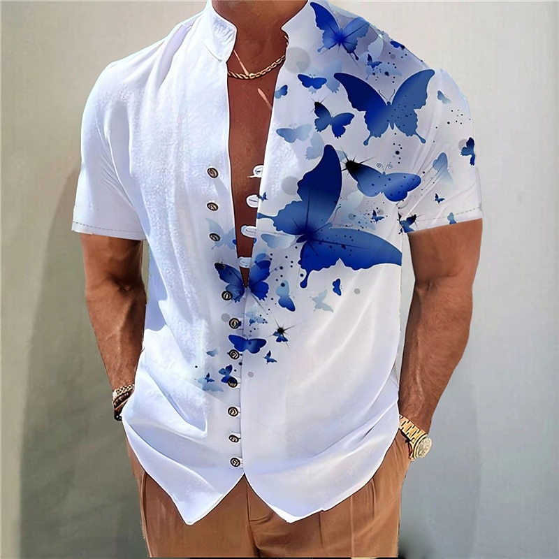 Men's Butterfly Shirt Button Up Shirt Short Sleeve Fashion Streetwear Designer Outdoor Casual Daily Spring & Summer Stand Collar Print Yellow Blue Purple Green Gray