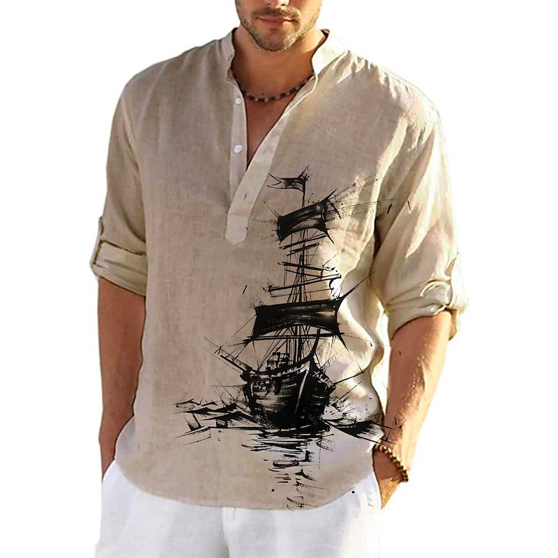 Men's Nautical Vintage Sailboat Shirt Button Up Shirt Long Sleeve Vintage Fashion Streetwear Daily Going out Summer Spring Fall Stand Collar Print Black-White Sea Blue Khaki+Khaki Black White3