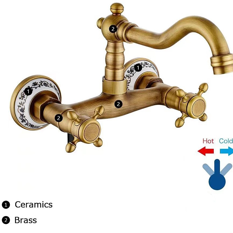 Vintage Brass Bathtub Faucet Wall Mounted Dual Handle Bath Tub Taps, Bathroom Mixer Tap, with Cold and Hot Hose4