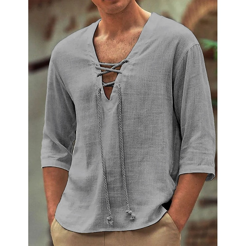 Men's Cotton Linen Shirt White Cotton Shirt Summer Shirt Casual Shirt Plain Casual Daily White Pink Gray Light Blue Long Sleeve V Neck Spring & Summer Clothing Apparel Drawstring3