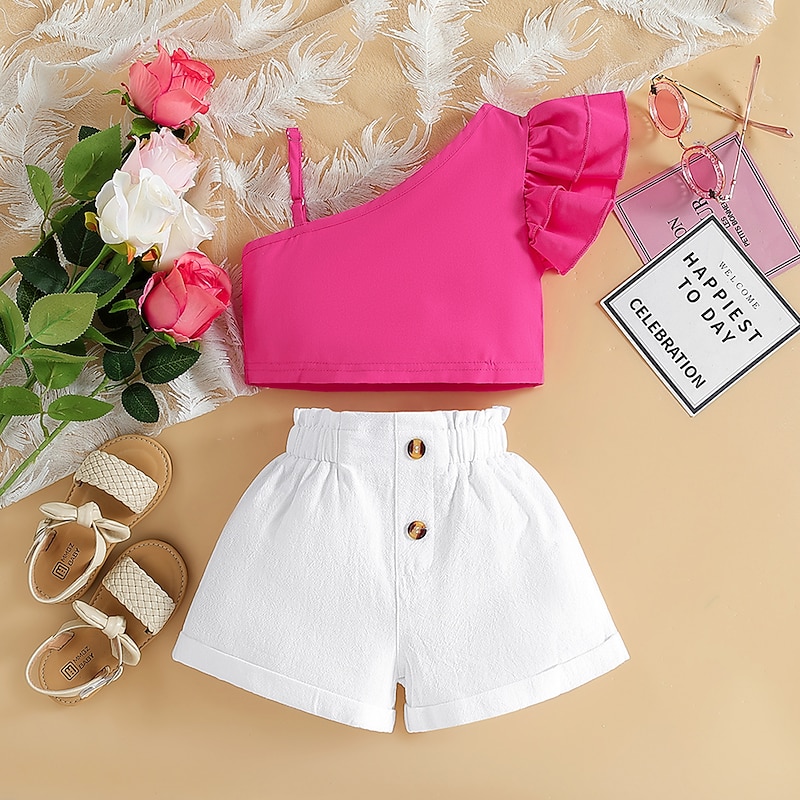 2 Pieces Kids Girls' Children's Day Solid Color Halter Tank Top & Shorts Set Set Sleeveless Fashion Outdoor Cotton 3-7 Years Summer Red Purple2