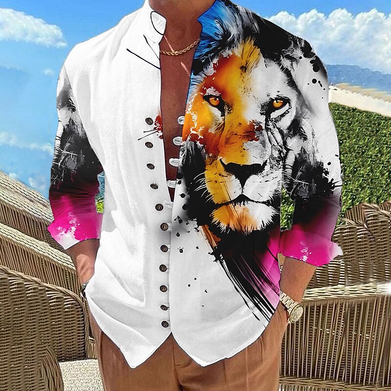 Men's Animal Lion Shirt Button Up Shirt Long Sleeve Fashion Designer Casual Vacation Daily Going out Fall Autumn / Fall Spring & Summer Stand Collar Print Black Yellow Pink Blue Purple4