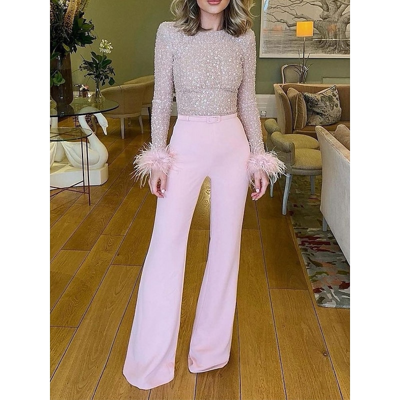 Women's Jumpsuit High Waist Feather Sparkly Solid Color Crew Neck Streetwear Wedding Party Regular Fit Long Sleeve White Pink Blue S M L Summer3