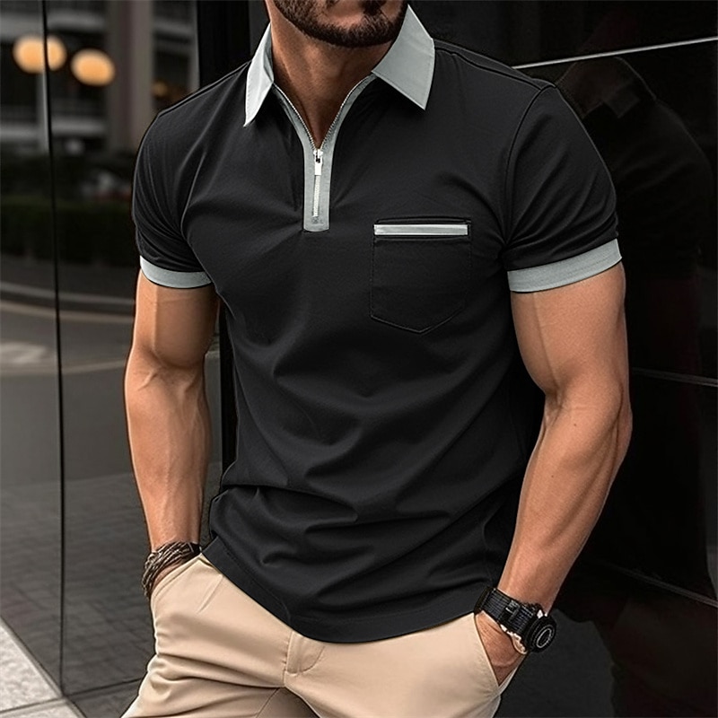 Men's Polo Shirt Golf Shirt Casual Holiday Lapel Quarter Zip Short Sleeve Fashion Basic Plain Quarter Zip Summer Regular Fit Black White Red Dark Navy Blue Green Polo Shirt3