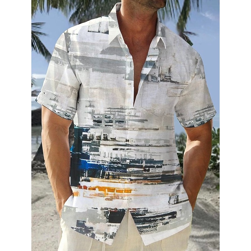 Men's Geometry Shirt Button Up Shirt Short Sleeve Sports Fashion Streetwear Vacation Casual Daily Summer Spring Turndown Print Button-Down White Pink White / Crystal Green Blue+Blue3