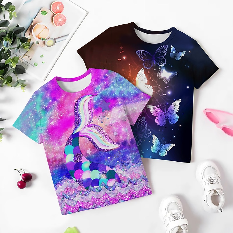 Girls' 3D Graphic Mermaid T shirt Tee Short Sleeve 3D Print Summer Spring Active Fashion Cute Kids 3-12 Years Outdoor Casual Daily Regular Fit