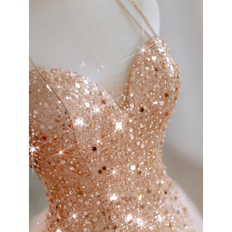 Beach Wedding A-Line Prom Dresses Sparkle & Shine Dress Wedding Guest Sweet 16 Floor Length Sleeveless Sweetheart Tulle with Sequin Masquerade Dress4