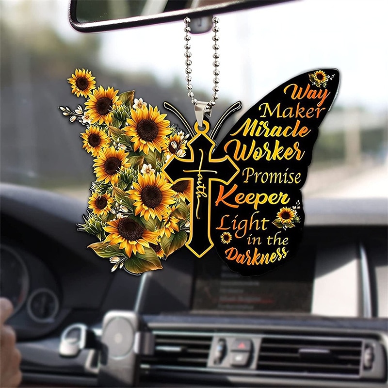 1pc Acrylic Butterfly Cross Pendant Auto Interior Accessories Christmas Tree Hanging Decoration Car Rear View Mirror Ornament Window Wall Decor With Chain2