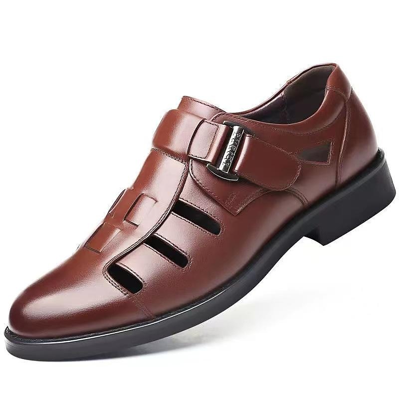 Men's Brown Faux Leather Cut-Out Sandals with Adjustable Buckle, Stylish Breathable Dress Shoes for Summer and Casual Wear