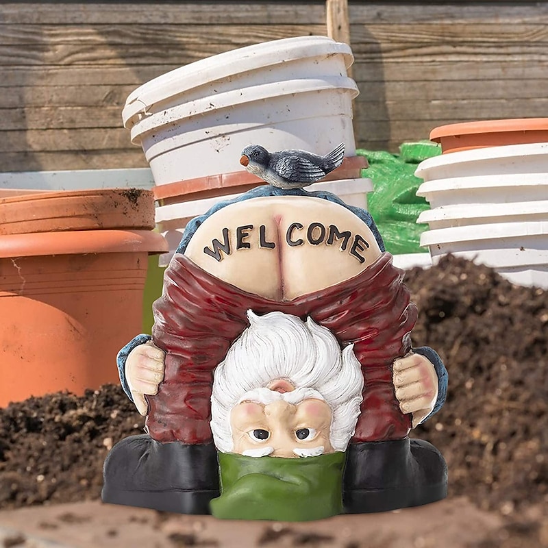 Funny Dwarf Sculpture - Gnome with A 'Welcome' Ass, Miniature Figurine Fairy Garden Accessories Dwarf Outdoor Garden Yard Art Decoration Home Cartoon Welcome Sign Resin Ornaments Spring Gifts2