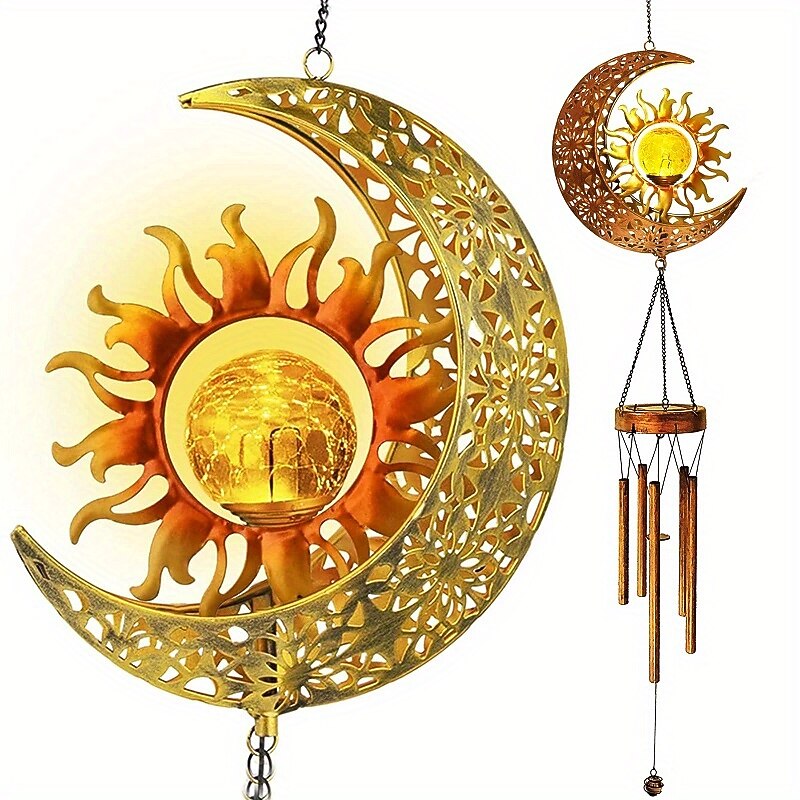 Solar Wind Chimes  Outdoor Light Moon Sun Star Lamp Wrought Iron Sun Lawn Flood Light Patio Outdoor Garden Decoration Waterproof Warm White Light4