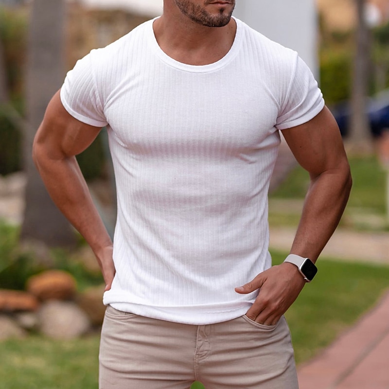 Men's T Shirt Short Sleeves Crewneck Summer Pit Strip Fashion Basic Casual Vacation Going out Casual Daily Navy White Blue Top Tee for Men
