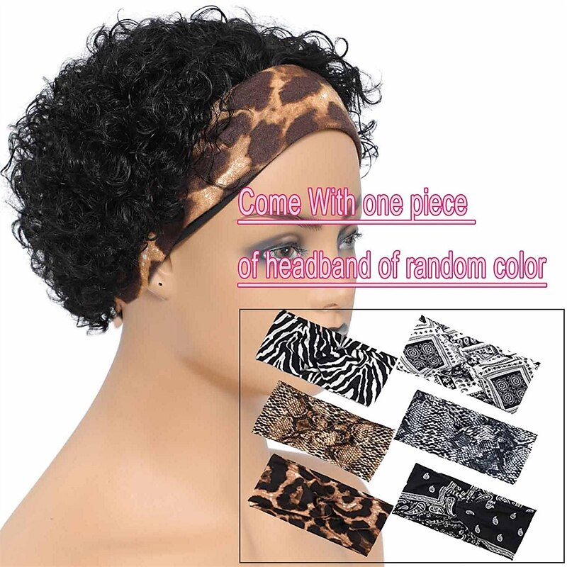 Headband Wig Human Hair Short Curly Pixie Cut Headband Wigs for Black Women Human Hair Half wigs 150% Density Natural Black 6 Inch3