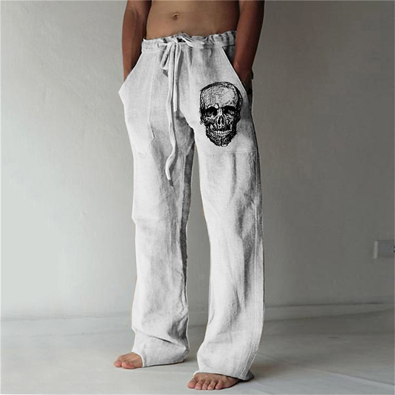 Men's Skull Graphic Prints Trousers Summer Pants Beach Pants Mid Waist Streetwear Hawaiian Designer Casual Daily Holiday Drawstring Elastic Waist 3D Print Spring & Summer 3D Print White Green Khaki3