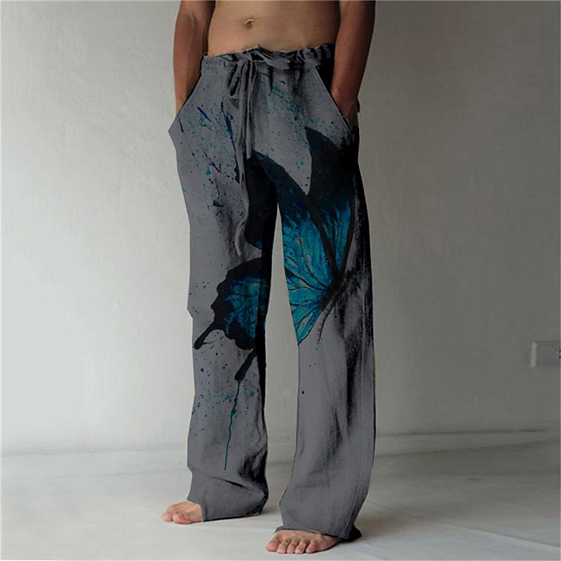 Men's Trousers Summer Pants Beach Pants Drawstring Elastic Waist 3D Print Butterfly Graphic Prints Comfort Casual Daily Holiday Streetwear Hawaiian White Green4