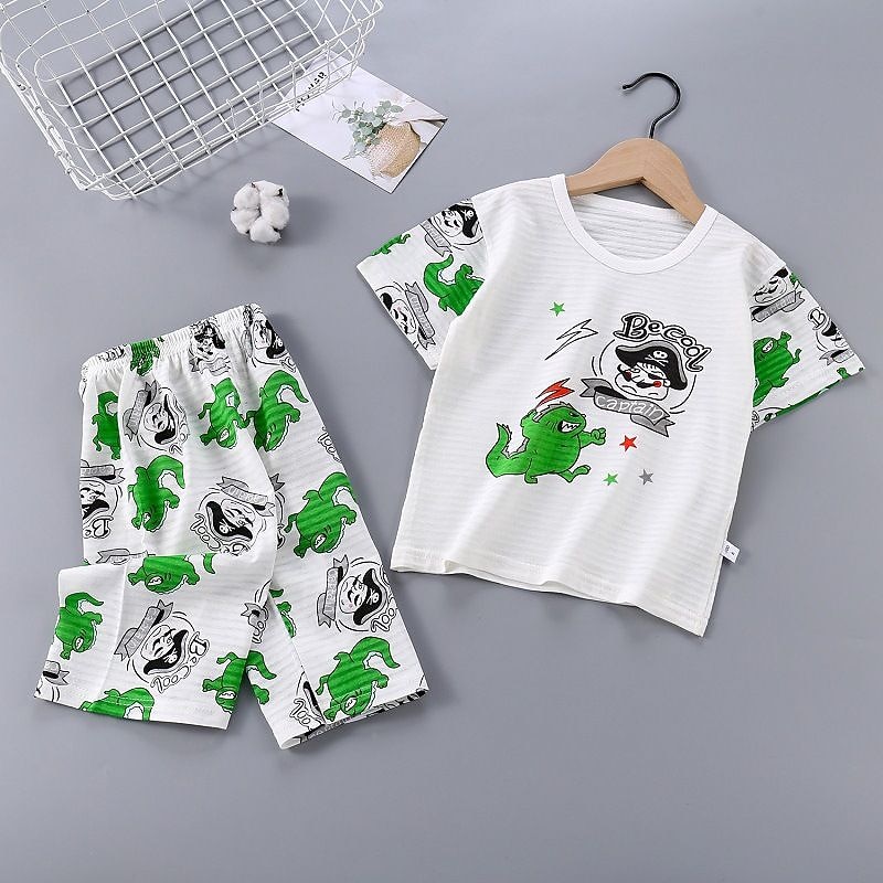 Toddler Boys 2 Pieces Pajama Sets Short Sleeve White Pink Navy Blue Animal Cartoon Crewneck Summer Spring Basic Home 3-7 Years3