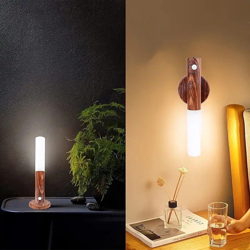 Motion Sensor Night Lights Magnet Body Sensor Hallway Night Lights Rechargeable Led Light Portable Stairway Night Lights Wooden Wall Sconce Battery Powered Cabinet Lights