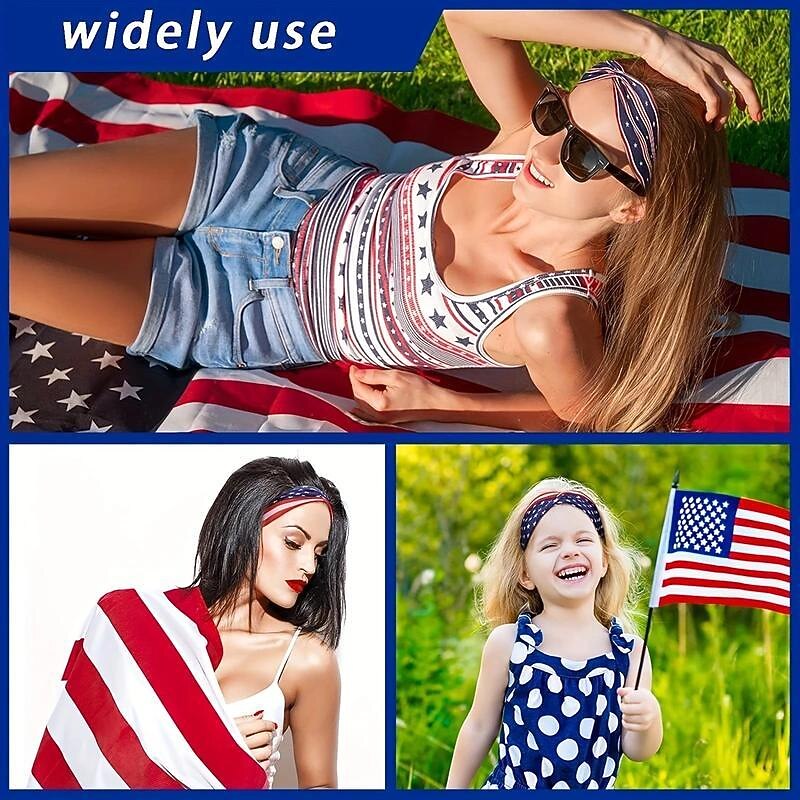 Retro USA Flag Print Sports Headband Knotted Sweat Absorbing Elastic Hair Band American Flag Independence Day  for Women's Fitness Workouts2