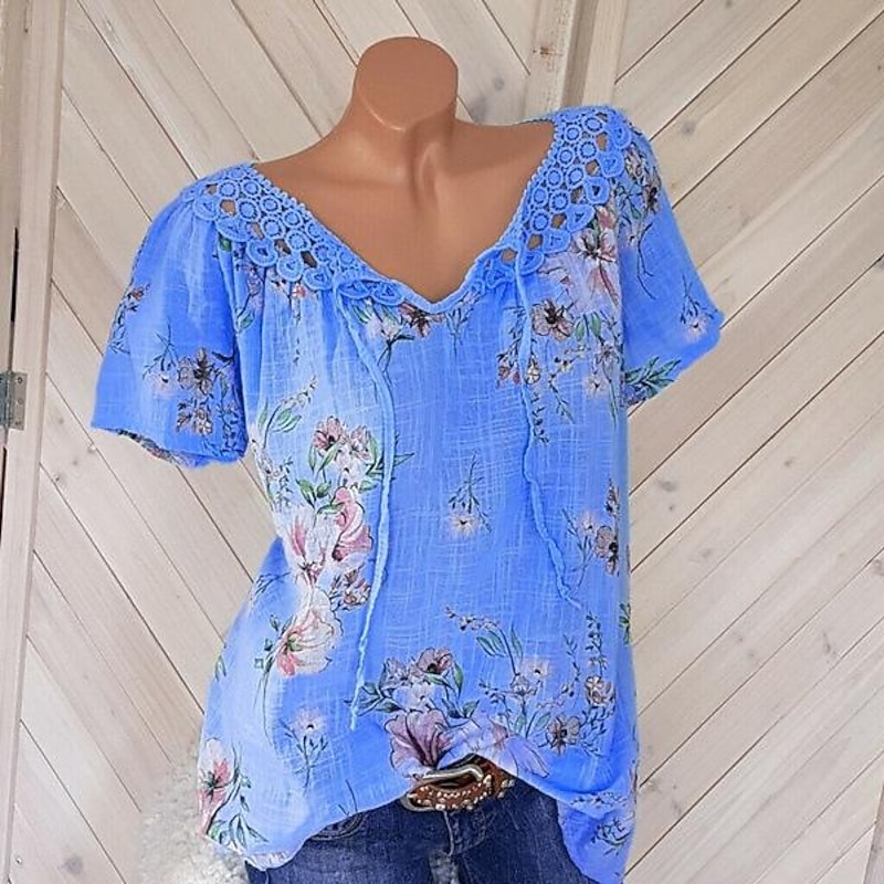 Women's White Elegant Lace Tops Eyelet Blouse Basic Floral Lace up Print Short Sleeve Regular Tops V Neck Casual Romantic Petite Tops Summer Holiday Wear White Pink Blue Orange Green4