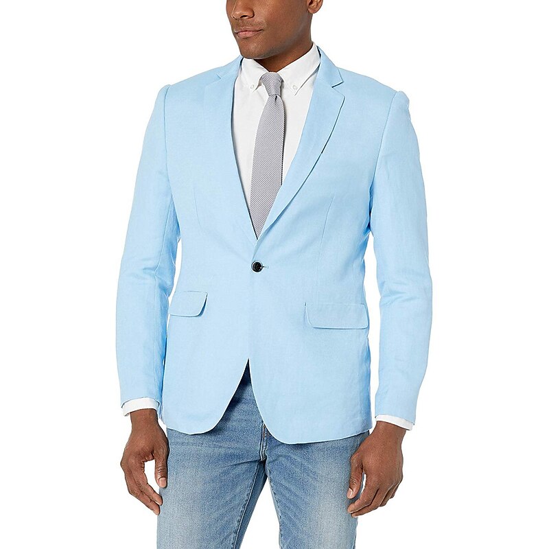 Men's Blazer Jacket Sport Coat Notch Collar Fashion Casual Solid Colored Lake blue White Yellow Tailored Fit Single Breasted One-button