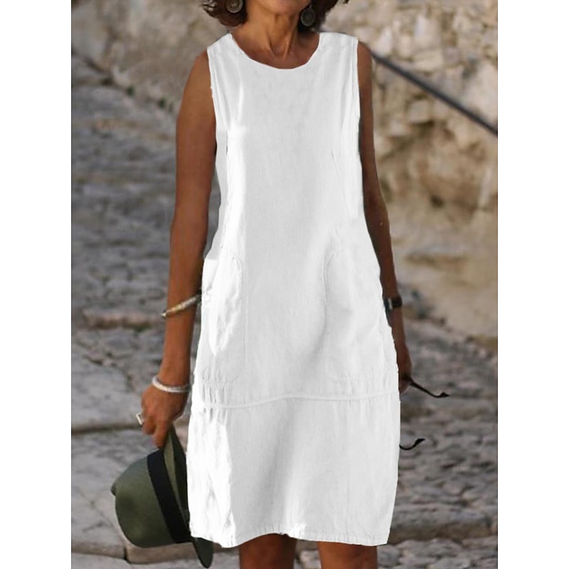 Women's Light Blue Black White Summer Spring Midi Dress White Dress Cotton Linen Dresses Sundress Classic Casual Vacation Daily Loose Fit Plain U Neck
