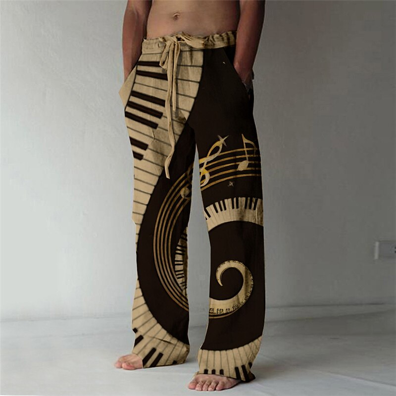 Men's Trousers Summer Pants Beach Pants Drawstring Elastic Waist 3D Print Graphic Prints Note Comfort Casual Daily Holiday Streetwear Hawaiian White Khaki2
