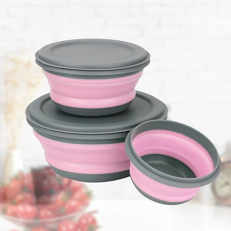 3pcs/set Silicone Folding Lunch Box With Lid Portable Picnic Camping Bowl Set Kitchen Tableware Kit Foldable Fruit Salad Bowl2