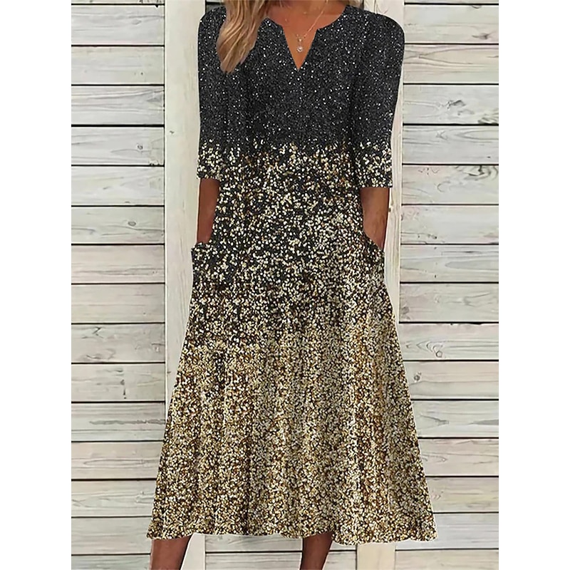 Women's Midi Dress Ombre Ruched Pocket V Neck Midi Dress Daily Vacation 3/4 Length Sleeve Summer Spring